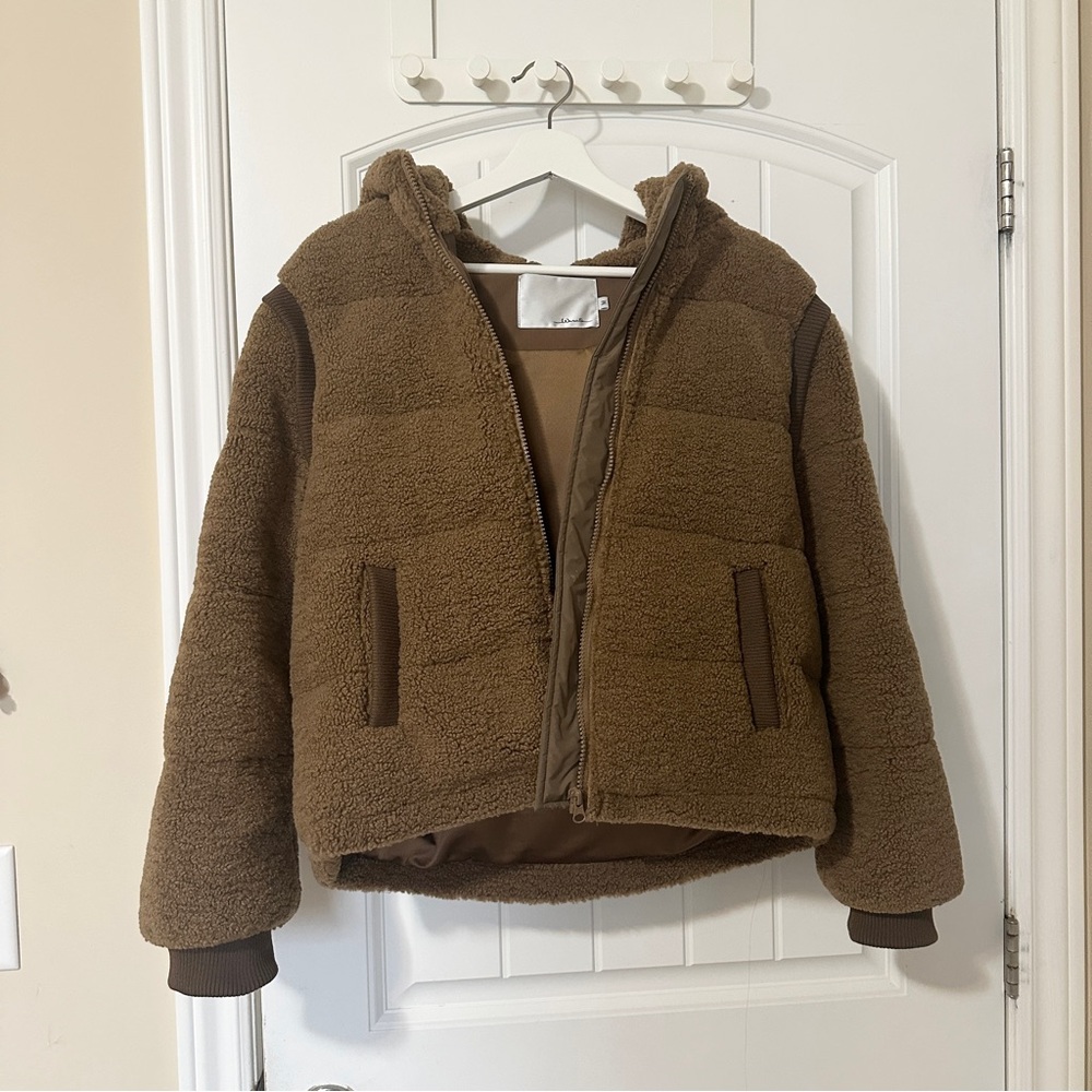 brown Sherpa jacket with hood